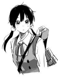 Rule 34 | 1girl, arm at side, bag, buttons, carrying bag, closed mouth, collared shirt, cropped torso, double-breasted, dress, hair bobbles, hair ornament, highres, kitashirakawa tamako, light frown, long bangs, looking away, low twintails, neck ribbon, pinafore dress, ribbon, saitou shiori (pixiv14549321), school bag, school uniform, shirt, simple background, sleeveless dress, solo, tamako market, twintails, upper body, vest