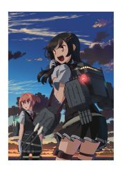 Rule 34 | :d, arms at sides, black hair, black skirt, black vest, blue sky, brown eyes, cloud, cowboy shot, from behind, gloves, glowing, hair ornament, hairclip, hands in hair, hands up, horizon, kantai collection, long hair, looking to the side, machinery, miniskirt, neck ribbon, open mouth, outdoors, oyashio (kancolle), pleated skirt, red hair, red ribbon, ribbon, rigging, school uniform, shiranui (kancolle), short hair, short ponytail, short sleeves, skirt, sky, smile, standing, takuzui, thigh strap, turret, twilight, vest, white gloves