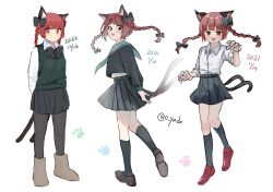 Rule 34 | 3girls, absurdres, alternate costume, animal ear fluff, animal ears, arms behind back, artist progress, black bow, black bowtie, black pantyhose, black socks, blunt bangs, blush, boots, bow, bowtie, braid, breasts, brown footwear, cat ears, cat tail, closed mouth, contemporary, dated, full body, hair bow, highres, kaenbyou rin, kneehighs, light blush, light smile, loafers, long hair, long sleeves, looking back, multiple girls, multiple tails, nekomata, pantyhose, paw print, pleated skirt, red eyes, red hair, school uniform, serafuku, shirt, shoes, simple background, skirt, small breasts, socks, standing, tail, touhou, twin braids, twisted torso, two tails, white background, white shirt, wing collar, yadoyuki