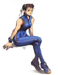 Rule 34 | 1girl, bare arms, bare shoulders, breasts, capcom, chun-li, closed mouth, covered navel, double bun, double vertical stripe, female focus, from side, full body, hair bun, legs together, looking at viewer, medium breasts, pantyhose, ribbon, shoes, simple background, sitting, smile, sneakers, solo, street fighter, unitard, white background
