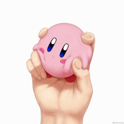 Rule 34 | 1other, blue eyes, blush stickers, cheek squash, closed mouth, commentary request, fingernails, highres, holding, kirby, kirby (series), nintendo, simple background, squishing, twitter username, waomonkey, white background