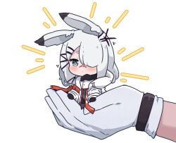 Rule 34 | 1girl, 1other, animal ears, arknights, black gloves, blush, chibi, coat, commentary, emphasis lines, english commentary, frostnova (arknights), gloves, grey eyes, grey hair, hair ornament, hair over one eye, in palm, kurotofu, looking at viewer, medium hair, out of frame, rabbit ears, reunion logo (arknights), scar, scar on face, scar on nose, sitting on hand, solo focus, white coat, white gloves