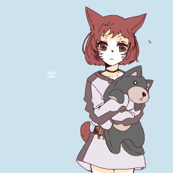 Rule 34 | 1girl, :3, aged down, animal ears, blue background, brown eyes, cat ears, cat tail, child, choker, cowboy shot, facial mark, final fantasy, final fantasy xiv, lili mdoki, looking at viewer, miqo&#039;te, red hair, short hair, solo, standing, stuffed animal, stuffed toy, tail, warrior of light (ff14), whisker markings