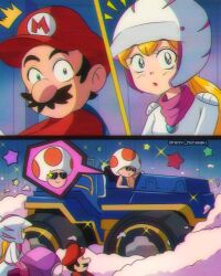 Rule 34 | 1990s (style), 1girl, 2boys, blonde hair, blue eyes, blue vest, brenni murasaki, clip studio paint (medium), closed mouth, commentary, facial hair, glint, hat, helmet, highres, lipstick, long hair, looking at viewer, makeup, mario, mario (series), motorcycle helmet, multiple boys, mustache, nintendo, ponytail, princess peach, red headwear, red shirt, retro artstyle, shirt, smile, spoken character, sunglasses, symbol-only commentary, the super mario bros. movie, toad (mario), vest, wide-eyed