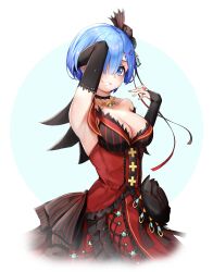 Rule 34 | 1girl, absurdres, alternate costume, arm behind head, black choker, black gloves, blue hair, breasts, bridal gauntlets, choker, cleavage, commentary request, commission, cosplay, dress, elbow gloves, gloves, hair ornament, hair over one eye, highres, jewelry, looking at viewer, m.tokotsu, medium breasts, necklace, pixiv commission, priscilla barielle, priscilla barielle (cosplay), re:zero kara hajimeru isekai seikatsu, re:zero kara hajimeru isekai seikatsu: lost in memories, red dress, rem (re:zero), short hair, smile, solo, x hair ornament