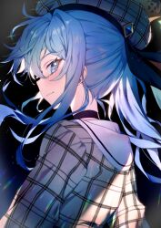Rule 34 | 1girl, beret, black choker, blue eyes, blue hair, choker, closed mouth, commentary, english commentary, grey hat, grey shirt, hat, highres, hololive, hoshimachi suisei, hoshimachi suisei (1st costume), long hair, looking at viewer, mixed-language commentary, plaid headwear, redcomet, shirt, smile, solo, sparkling eyes, upper body, virtual youtuber