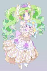 Rule 34 | 1girl, animal, bare shoulders, bridal gauntlets, closed mouth, colored eyelashes, commentary request, cropped legs, crown, dress, falulu, falulu (awakened), flower, forehead jewel, gold trim, green hair, grey background, grey eyes, headphones, highres, holding, holding animal, idol clothes, ku (residual666), long hair, looking at viewer, parted bangs, pretty series, pripara, purple flower, purple rose, rose, sidelocks, simple background, smile, solo, standing, striped clothes, striped dress, twintails, unicorn, unicorn (pripara), vertical-striped clothes, vertical-striped dress, wing hair ornament
