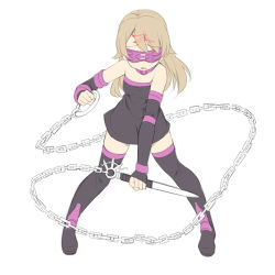 Rule 34 | 1girl, bad id, bad pixiv id, bare shoulders, black dress, black footwear, black sleeves, black thighhighs, blindfold, boots, brown hair, chain, cosplay, dagger, detached sleeves, dress, facial mark, fate/stay night, fate (series), fingerless gloves, forehead mark, full body, gloves, hair down, holding, holding weapon, idolmaster, idolmaster cinderella girls, knife, long hair, long sleeves, medusa (fate), medusa (rider) (fate), medusa (rider) (fate) (cosplay), morikubo nono, nameless dagger (fate), parted lips, short dress, simple background, sleeves past wrists, solo, strapless, strapless dress, thigh boots, thighhighs, uccow, very long hair, weapon, white background