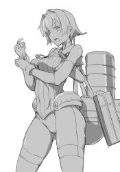 Rule 34 | 1girl, adjusting clothes, adjusting gloves, arm under breasts, bare shoulders, bike shorts, breasts, commentary, commentary request, cowboy shot, elbow pads, frown, gloves, greyscale, hair between eyes, hair intakes, highres, kantai collection, kinu (kancolle), kinu kai ni (kancolle), machinery, mast, monochrome, neck ribbon, no jacket, no pants, open mouth, partially fingerless gloves, ribbon, rigging, sailor collar, short hair, simple background, skindentation, smokestack, solo, strap, tsukira (amayadori), white background