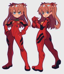 Rule 34 | 1girl, ass, blue eyes, blush, bodysuit, bright pupils, brown hair, curvy, full body, hands on own hips, interface headset, long hair, looking at viewer, multiple views, neon genesis evangelion, open mouth, pilot suit, plugsuit, red bodysuit, shiny clothes, slammo, smile, solo, souryuu asuka langley, twintails, very long hair, white pupils, wide hips