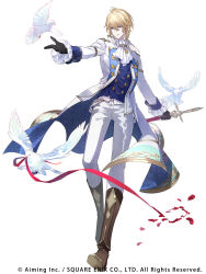 Rule 34 | 1boy, absurdres, anno meiji, ascot, bird, black gloves, blonde hair, blue eyes, blue vest, boots, brooch, brown footwear, coat, copyright notice, dove, frilled sleeves, frills, full body, gestalt odin, gloves, gold trim, hair between eyes, highres, holding, holding sword, holding weapon, jewelry, looking at viewer, male focus, mouth hold, official art, open clothes, open coat, outstretched arm, pants, patterned clothing, petals, red ribbon, ribbon, sheath, sheathed, shirt, short hair, simple background, sleeve cuffs, smile, solo, striped clothes, striped shirt, sword, vertical-striped clothes, vertical-striped shirt, vest, weapon, white ascot, white background, white coat, white pants, white shirt, yellow gemstone