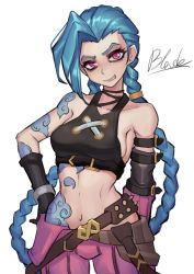 Rule 34 | 1girl, arcane: league of legends, arcane jinx, arm tattoo, asymmetrical bangs, bare shoulders, belt, blue hair, braid, breasts, brown belt, choker, cloud tattoo, collarbone, female focus, gloves, jinx (league of legends), league of legends, long hair, looking at viewer, navel, pants, parted lips, pink eyes, pink pants, qblade, shoulder tattoo, simple background, smile, solo, striped clothes, striped pants, tattoo, teeth, twin braids, upper body, very long hair, white background
