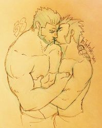 Rule 34 | 2boys, abs, bara, beard, closed eyes, commentary request, doodle, facial hair, fate/grand order, fate (series), highres, kiss, long sideburns, male focus, manly, multiple boys, muscular, napoleon bonaparte (fate), nipple push, nipple stimulation, nipple tweak, nipples, nomifuki, pectorals, sideburns, simple background, sketch, topless male, yaoi