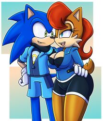 Rule 34 | 1boy, 1girl, blue eyes, breasts, cleavage, green eyes, hand on another&#039;s face, hand on own hip, highres, large breasts, legs, looking at another, open mouth, sally acorn, sega, shorts, smile, sonic (series), sonic the hedgehog, thick thighs, thighs, wide hips