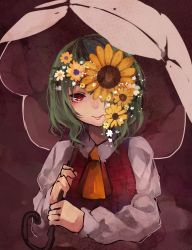 Rule 34 | 1girl, ascot, brown background, collared shirt, cropped torso, flower, green hair, highres, holding, holding umbrella, kazami yuuka, long sleeves, looking at viewer, one-hour drawing challenge, one eye covered, parasol, plaid, plaid vest, red eyes, shirt, short hair, simple background, smile, solo, sunflower, touhou, toutenkou, umbrella, vest, wavy hair, white shirt, yellow ascot