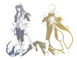 Rule 34 | 00s, 2boys, ayamisiro, boots, cape, dog, closed eyes, flynn scifo, full body, knee boots, long hair, male focus, monochrome, multiple boys, puppy, repede (tales), sword, tales of (series), tales of vesperia, weapon, white background, yuri lowell