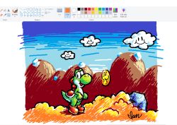 Rule 34 | art program in frame, black eyes, boots, cloud, coin, commentary, english commentary, looking at viewer, mario (series), microsoft paint (medium), microsoft paint (software), mountain, nerples, nintendo, no humans, open mouth, red footwear, shell, signature, sketch, sky, smile, solo, super mario world 2: yoshi&#039;s island, wide shot, yoshi, yoshi&#039;s island