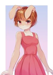 Rule 34 | 1girl, animal ears, bare shoulders, blush, border, breasts, brown hair, chromatic aberration, closed mouth, collarbone, dress, female focus, furry, furry female, gradient background, highres, looking at viewer, medium breasts, methynecros, original, outside border, pink dress, purple background, rabbit ears, rabbit girl, red eyes, short hair, sidelocks, simple background, sleeveless, sleeveless dress, solo, standing, upper body, white border