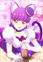 Rule 34 | 10s, 1boy, 1girl, animal ears, cat ears, cat tail, censored, choker, clothed female nude male, cum, cum in mouth, cum on gloves, cure macaron, earrings, elbow gloves, extra ears, food-themed hair ornament, gloved handjob, gloves, hair ornament, handjob, hetero, jewelry, kirakira precure a la mode, kotozume yukari, long hair, looking at viewer, macaron hair ornament, magical girl, mushiro (nijie728995), nude, penis, pov, precure, purple eyes, purple hair, tail, white gloves