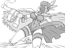 Rule 34 | 1girl, arm cannon, bb (baalbuddy), black dahlia, breasts, bridal garter, cape, covered navel, cyborg, dress, feathers, fur hat, grenade launcher, greyscale, hat, high heels, highres, large breasts, mask, monochrome, skullgirls, solo, upskirt, weapon