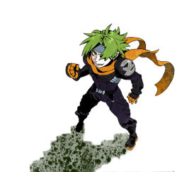 Rule 34 | 1boy, ahoge, armor, belt, bodysuit, boots, clenched hand, fang, full body, gloves, green hair, grin, hair over one eye, headband, kei (inu no ura), male focus, messy hair, pauldrons, scarf, shoulder armor, smile, solo, white background, wild arms, wild arms 1, yellow eyes, zed (wild arms)