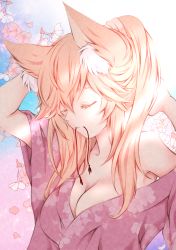 Rule 34 | 10s, 1girl, alternate costume, animal ears, breasts, cherry blossoms, cleavage, closed eyes, fate/extella, fate/extra, fate/grand order, fate (series), flower, fox ears, gradient background, japanese clothes, kimono, large breasts, long hair, pink hair, sheepd, solo, tamamo (fate), tamamo no mae (fate/extra)