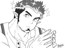 Rule 34 | 1boy, facial hair, goatee, greyscale, hijirino yuuta, long sideburns, looking at viewer, male focus, monochrome, multicolored hair, muscular, muscular male, pectorals, pointy ears, short hair, sideburns, solo, sparkle, sparkling eyes, suspenders, tokyo houkago summoners, tomte (housamo), two-tone hair, upper body