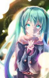 Rule 34 | 1girl, akino coto, aqua eyes, aqua hair, blue jacket, blurry, bokeh, christmas, commentary, depth of field, english commentary, hair ornament, hatsune miku, jacket, light blush, light smile, lips, long hair, looking at viewer, own hands together, red scarf, scarf, sidelighting, solo, twintails, upper body, very long hair, vocaloid