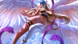 Rule 34 | 1girl, angel, angel wings, angewomon, armor, asymmetrical clothes, asymmetrical legwear, bare arms, bare shoulders, belt, bikini, blonde hair, blue sky, breastplate, breasts, cleavage, cloud, collarbone, covered eyes, day, digimon, digimon (creature), digimon adventure, elbow gloves, feathered wings, feathers, gloves, head wings, helmet, highleg, highleg bikini, highres, large breasts, lolliedrop, long hair, mask, monster girl, multiple wings, navel, parted lips, patreon username, pink ribbon, pinup (style), revealing clothes, ribbon, signature, single elbow glove, single glove, single pantsleg, sky, solo, swimsuit, thick thighs, thigh strap, thighs, underbust, uneven legwear, very long hair, watermark, web address, white gloves, white legwear, white wings, wings, zipper