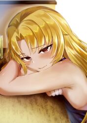 Rule 34 | 1girl, akatsuki uni, ankoku kishi m, armpit crease, arms on table, bare arms, bare shoulders, beer can, blonde hair, blush, breasts, can, crossed arms, drink can, hair down, half-closed eyes, head rest, long hair, looking at viewer, no bra, parted bangs, red eyes, sideboob, sleeveless, small breasts, smile, solo, table, uni create, upper body, virtual youtuber