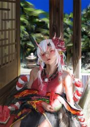 Rule 34 | 1girl, bell, black kimono, cpfeng, food, fruit, hair bell, hair ornament, hololive, horns, japanese clothes, kimono, looking at viewer, mask, mask on head, multicolored hair, nakiri ayame, nakiri ayame (1st costume), off shoulder, oni, oni mask, open mouth, red eyes, sitting, skin-covered horns, solo, streaked hair, virtual youtuber, watermelon, white hair