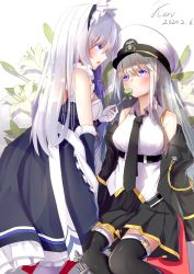 Rule 34 | 2girls, absurdres, apron, azur lane, belfast (azur lane), belt, black belt, black coat, black neckwear, black thighhighs, blue eyes, blush, braid, breasts, broccoli, chinese commentary, coat, collar, commentary request, enterprise (azur lane), flower, french braid, frilled apron, frilled gloves, frills, gloves, grey hair, hat, highres, karv, large breasts, lily (flower), long hair, maid, maid apron, maid headdress, military hat, multiple girls, open clothes, open coat, peaked cap, pleated skirt, purple eyes, shirt, sitting, skirt, sleeveless, sleeveless shirt, thighhighs, underbust, white apron, white hair, white headwear, yuri