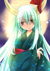 Rule 34 | 1girl, anna (small night), ex-keine, eyebrows, female focus, green hair, hane (x20285), horn ornament, horns, japanese clothes, kamishirasawa keine, kimono, long sleeves, looking at viewer, red eyes, sash, solo, touhou, wide sleeves
