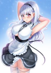 Rule 34 | 1girl, absurdres, apron, armpits, arms up, azur lane, bare arms, bare shoulders, black skirt, breasts, clothing cutout, cowboy shot, dido (azur lane), frilled skirt, frills, headdress, highres, katou shinobu, large breasts, long hair, looking at viewer, maid, maid apron, miniskirt, pink eyes, shirt, silver hair, simple background, skirt, sleeveless, sleeveless shirt, solo, standing, thighhighs, underboob, underboob cutout, underwear, waist apron, white apron, white shirt, white thighhighs