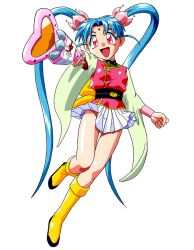 Rule 34 | 1girl, aqua hair, facial mark, forehead mark, full body, holding, holding wand, long hair, long sleeves, mahou shoujo pretty sammy, masaki sasami jurai, miniskirt, official art, open mouth, outstretched arm, photoshop (medium), pink eyes, pleated skirt, pretty sammy (character), simple background, skirt, solo, tenchi muyou!, twintails, very long hair, wand, white background, white skirt, wide sleeves