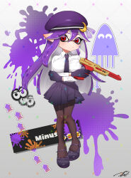 Rule 34 | 1girl, blush, breasts, closed mouth, commentary, commission, eyelashes, full body, gloves, gradient background, grey background, gun, highres, holding, holding gun, holding weapon, inkling, inkling girl, inkling player character, large breasts, long hair, n-zap (splatoon), necktie, nintendo, paint splatter, pantyhose, pleated skirt, pointy ears, puchiman, purple footwear, purple gloves, purple hair, purple headwear, purple necktie, purple skirt, purple theme, red eyes, shirt, simple background, skirt, solo, splatoon (series), splatoon 3, standing, tentacle hair, weapon, white shirt