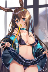Rule 34 | 1girl, ahoge, amiya (arknights), animal ears, areola slip, arknights, bare shoulders, black bra, black jacket, black panties, blue eyes, blue skirt, blush, bra, breasts, brown hair, cameltoe, choker, closed mouth, clothes lift, collarbone, commentary, cowboy shot, groin, hair between eyes, highres, indoors, jacket, unworn jacket, lifting own clothes, long hair, long sleeves, looking at viewer, medium breasts, miniskirt, mouth hold, navel, off shoulder, open clothes, open jacket, panties, rabbit ears, ribbon, ribbon in mouth, sidelocks, signature, skirt, skirt lift, solo, thumb ring, togo (korlsj1235), underwear, undressing, very long hair, window