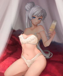 Rule 34 | 1girl, alcohol, bed, blue eyes, bra, breasts, champagne, champagne flute, cleavage, collarbone, cup, drinking glass, highres, lace, lingerie, long hair, looking at viewer, medium breasts, navel, panties, pevans, ponytail, rwby, scar, scar across eye, scar on face, seductive smile, smile, solo, stomach, thick thighs, thighs, underwear, weiss schnee, white bra, white hair, white panties