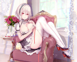 Rule 34 | 1girl, :o, absurdres, anchor choker, armchair, ass, azur lane, blush, breasts, chair, choker, cleavage, collarbone, cup, curtains, day, dress, flower, full body, hair between eyes, hairband, high heels, highres, indoors, lace-trimmed hairband, lace trim, large breasts, looking at viewer, maid, pink flower, pink rose, pottsness, puffy sleeves, red eyes, ribbon-trimmed legwear, ribbon trim, rose, rudder footwear, short hair, short sleeves, sidelocks, sirius (azur lane), sitting, skindentation, solo, teacup, teapot, thighhighs, thighhighs pull, thighs, vase, white hair, white thighhighs, window