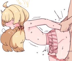 Rule 34 | 1boy, 1girl, ahoge, arm grab, bent over, blonde hair, blue archive, blush, breasts, grabbing, grabbing from behind, hair ribbon, halo, highres, leaning forward, long hair, low twintails, motion lines, nikukabe, nipples, no bra, no shirt, official alternate hairstyle, open mouth, panties, panty pull, pink panties, pink skirt, pleated skirt, red ribbon, ribbon, sex, sex from behind, simple background, skirt, small breasts, solo focus, standing, standing sex, sweat, thighs, tongue, twintails, underwear, white background, yellow halo, yoshimi (band) (blue archive), yoshimi (blue archive)