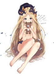 Rule 34 | 1girl, abigail williams (fate), barefoot, black hat, blonde hair, blue eyes, blush, breasts, commentary request, covered mouth, dated, fate/grand order, fate (series), hair censor, hair over breasts, hat, highres, holding, holding stuffed toy, long hair, looking at viewer, navel, nude, signature, simple background, sitting, small breasts, stuffed animal, stuffed toy, teddy bear, teratsuki, toenails, very long hair, white background