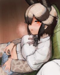 Rule 34 | 1girl, african wild dog (kemono friends), african wild dog print, animal ears, animal print, black bow, black hair, black pubic hair, blush, bow, bowtie, breath, brown hair, collared shirt, commentary request, couch, cutoffs, denim, denim shorts, dog ears, extra ears, female pubic hair, fisheye, from above, from side, furrowed brow, grey hair, hair over one eye, half-closed eye, heart, heart-shaped pupils, highres, indoors, kemono friends, layered sleeves, long sleeves, looking at viewer, medium hair, midriff peek, multicolored hair, no panties, on couch, open mouth, orange eyes, pantyhose, pantyhose under shorts, parted bangs, pov, print pantyhose, print sleeves, pubic hair, pubic hair peek, pubic hair pull, shibori kasu, shirt, short over long sleeves, short shorts, short sleeves, shorts, sidelocks, sitting, sketch, solo, solo focus, stomach, symbol-shaped pupils, white shirt