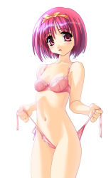 Rule 34 | 1girl, blush, bow, bra, breasts, cleavage, flat chest, hair ribbon, kamigishi akari, lingerie, navel, norizou type-r, panties, pink eyes, pink hair, pink panties, pink theme, ribbon, short hair, side-tie panties, small breasts, solo, standing, to heart, to heart (series), underwear, underwear only, undressing, untied, yellow bow