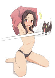 Rule 34 | 1girl, ^^^, armpits, arms up, bad id, bad pixiv id, bare legs, barefoot, black panties, blush, breasts, brown hair, censored, chomusuke, convenient censoring, embarrassed, forehead, kono subarashii sekai ni shukufuku wo!, looking at viewer, medium hair, megumin, navel, censored nipples, novelty censor, open mouth, panties, red eyes, salpin, simple background, sitting, small breasts, sweat, topless, underwear, undressing, white background