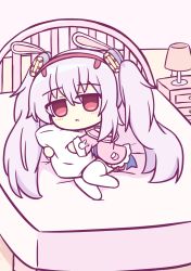 1girl animal_ears azur_lane chibi fake_animal_ears hair_between_eyes highres holding holding_pillow indoors jacket kashimu laffey_(azur_lane) lamp long_hair on_bed pillow pink_jacket rabbit_ears red_eyes solo thighhighs twintails very_long_hair white_thighhighs