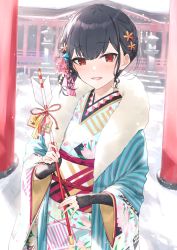 Rule 34 | 1girl, arrow (projectile), black hair, blue kimono, blush, commentary request, day, ema, floral print, flower, fur collar, hair between eyes, hair bun, hair flower, hair ornament, hamaya, hayashi kewi, highres, holding, holding arrow, idolmaster, idolmaster shiny colors, japanese clothes, kimono, long sleeves, looking at viewer, morino rinze, obi, open clothes, outdoors, parted lips, pink flower, print kimono, red eyes, sash, single hair bun, smile, snow, snowing, solo, torii, wide sleeves