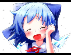 Rule 34 | 1girl, :d, arm up, blue bow, blue hair, blue vest, blush, bow, cirno, commentary request, crying, facing viewer, fang, glint, hair bow, happy tears, head tilt, ice, ice wings, jewelry, letterboxed, long hair, makuran, neck ribbon, open mouth, ornate ring, puffy short sleeves, puffy sleeves, red ribbon, ribbon, ring, shirt, short sleeves, smile, solo, tears, touhou, vest, wedding ring, white background, white shirt, wings