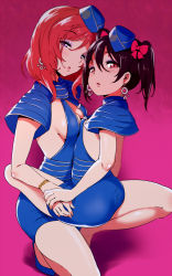 Rule 34 | 10s, 2girls, :o, ass, asymmetrical docking, black hair, blue dress, blurry, blush, body blush, bow, bracelet, breast press, breasts, britney spears, cleavage, cosplay, depth of field, dress, earrings, eyeshadow, flat chest, flight attendant, from side, full body, garrison cap, hair bow, halterneck, hat, high heels, holding hands, jewelry, looking at viewer, looking back, love live!, love live! school idol project, makeup, multiple girls, nishikino maki, no bra, open mouth, parody, parted bangs, pink background, purple eyes, red eyes, red hair, shadow, shoes, short dress, short hair, short sleeves, short twintails, sideboob, simple background, sitting, sitting on lap, sitting on person, straddling, travel attendant, turtleneck, twintails, wide sleeves, yazawa nico, yokkora, yuri