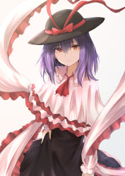 1girl ascot black_hat black_skirt bow capelet collar collared_capelet commentary_request contrapposto cowboy_shot facing_viewer frilled_capelet frilled_collar frilled_shawl frilled_skirt frills hagoromo hair_between_eyes hand_on_own_hip hat hat_bow hat_ribbon highres kiyakyuu long_hair long_sleeves looking_at_viewer nagae_iku orange_eyes purple_hair red_ascot red_bow red_ribbon ribbon shawl simple_background skirt smile solo touhou white_background white_capelet