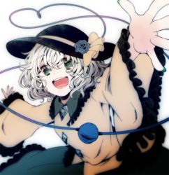 Rule 34 | 1girl, bow, eyeball, green eyes, hat, hat bow, hat ribbon, heart, heart-shaped pupils, heart of string, komeiji koishi, long sleeves, open mouth, outstretched arms, ribbon, shirt, short hair, silver hair, skirt, smile, solo, string, symbol-shaped pupils, third eye, touhou, wide sleeves, yonago